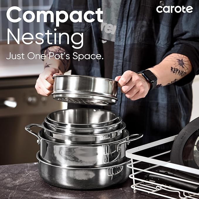 CAROTE 18pcs Stainless Steel Cookware Set with Detachable Handle Nonstick Pots and Pans Set Induction Kitchen Cookware Sets with Removable Handle RV Cookware Set Oven Safe Camping Cookware Black