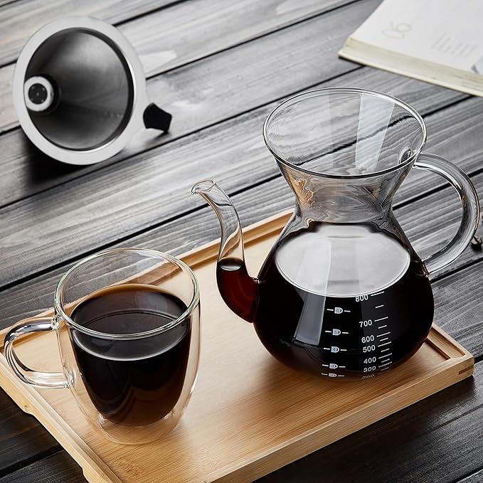 Unbreakable - Pour Over Coffee Maker with Double Stainless Filter 27 fl oz Thickened Heat-Resistant Borosilicate Glass Pour Over Coffee Dripper Stovetop Safe