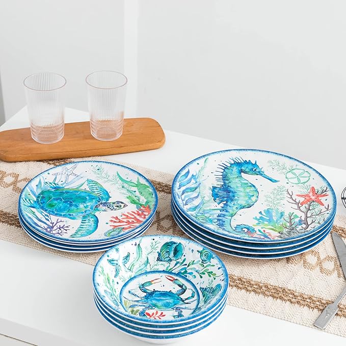LEHAHA 12-Piece Melamine Beach Dinnerware Set Coastal Plates and Bowls Sets Oceanic Sea Life Dish Sets for 4 Great for Indoor Outdoor Dining on the Beach RV Camping or Cabin