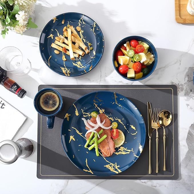 Modern Porcelain 16 Piece Blue Dinnerware SetPlates and Bowls SetsGold Dish Set for 4Blue Dinnerware SetDinner Sets with Dinner Plates.