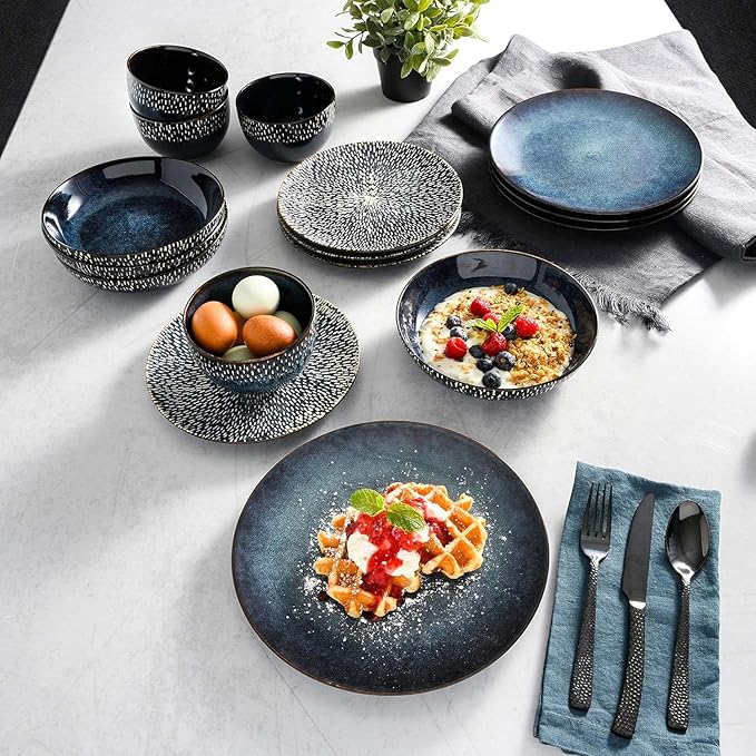 16-Piece Cobalt Blue Stoneware Dinnerware Set – Double Bowl Design with Reactive Glaze Dishwasher &amp Microwave Safe