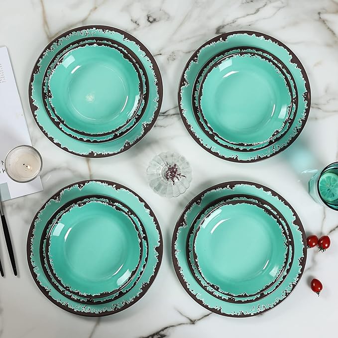 Rustic Melamine Dinnerware Set12-Piece Plates and Bowls SetsYinshine Unbreakable Melamine Dish SetLightweightService for 4Dishwasher SafeGreen