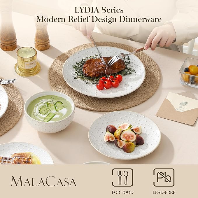 MALACASA 24 Piece Dinnerware Set Embossed Ceramic Dish Sets Service for 8 Plates and Bowls Set Durable Stoneware Tableware for Family Dinners Dishwasher &amp Microwave Safe