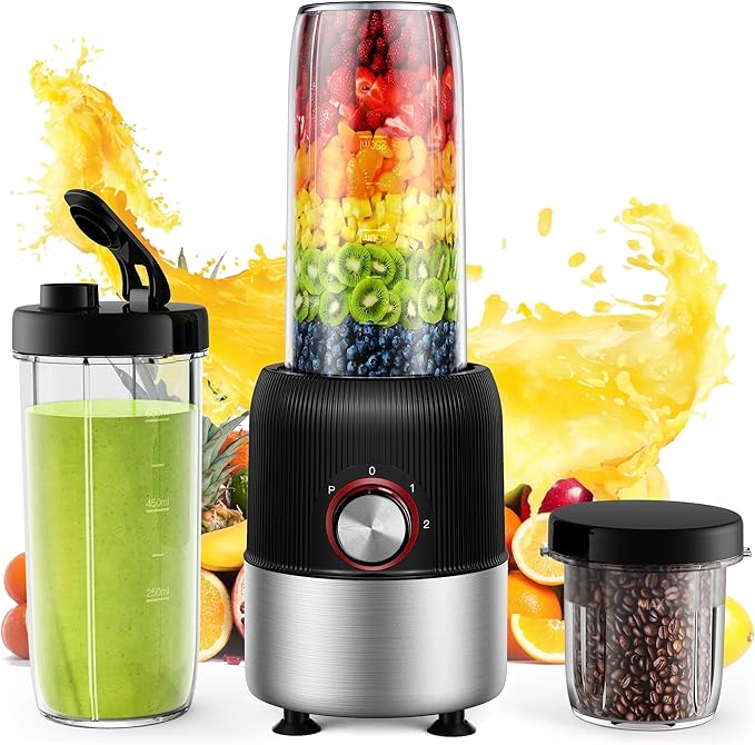 2-in-1 Personal Blender for Smoothies &amp Shakes 500W Portable Blender with 22oz BPA-Free Travel Bottle Coffee &amp Spice Grinder Jar 4-Blade Stainless Steel 3 Speeds Compact &amp Powerful