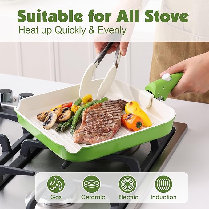 SENSARTE 17 Piece Ceramic Pots and Pans Set Nonstick Detachable Handle Cookware Induction Kitchen Cookware Set with Removable Handle Dishwasher ＆ Oven Safe (Green)