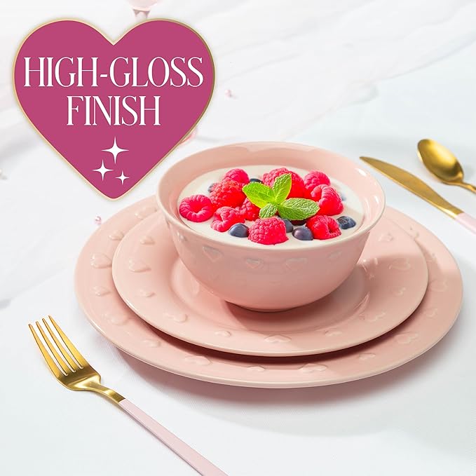 Paris Hilton 12-Piece Dinnerware Set Embossed Hearts. Iconic Ceramic Stoneware Service for 4 with Dinner Plates Salad Plates and Bowls Microwave &amp Dishwasher Safe Pink