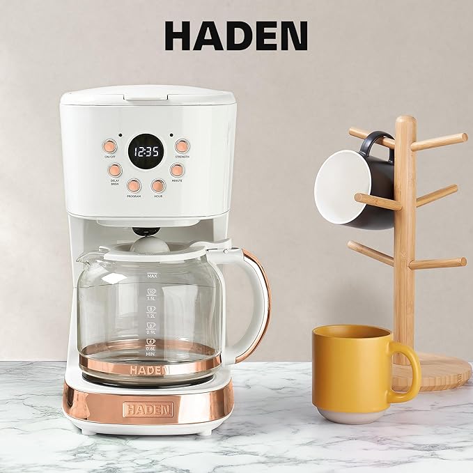 HADEN Coffee Machine 12 Cup Programmable Drip Coffee Maker with Auto Shut-Off Function and Reusable Washable Water Filter Ivory &amp Copper