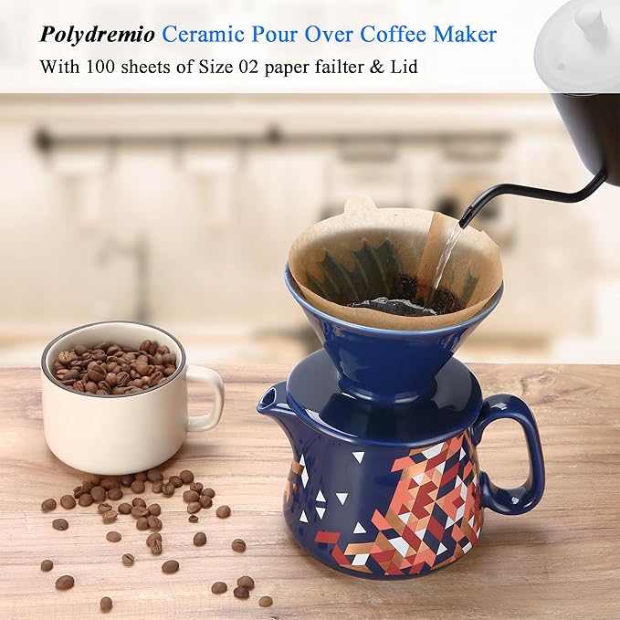 Pour Over Coffee Maker Ceramic Coffee dripper with 100 pcs Paper Filter Ceramic coffee Server with Lid 15.5oz/450 ml Suitable for 1-2 people (Blue)