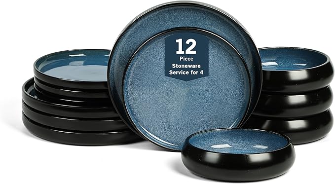 Stone Lain Lagoon 12-Piece Dinnerware Set Stoneware Plates and Bowls set Microwave and Dishwasher Safe Dish Set for 4 Blue