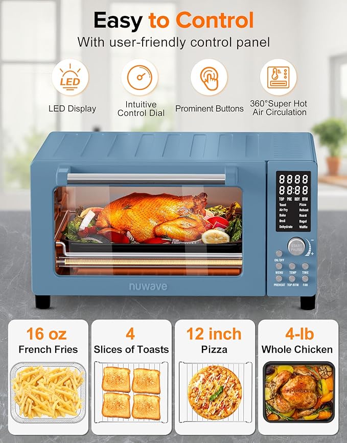 Nuwave Bravo Pro Smart Air Fryer Toaster Oven Combo Airfryer Convection Oven Countertop 10-in-1 Functions with Quicker &amp Even Crisp Technology 1800W 50-450°F PFAS-Free 21QT Cozy Blue