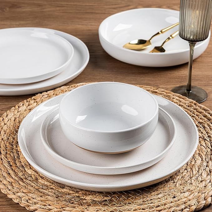 AmorArc Ceramic Dinnerware Sets for 4 12 Pieces Handpainted Plates and Bowls Set with Rustic Terracotta Underside Scratch Resistant Stoneware Dishes Set Dishwasher &amp Microwave Safe White