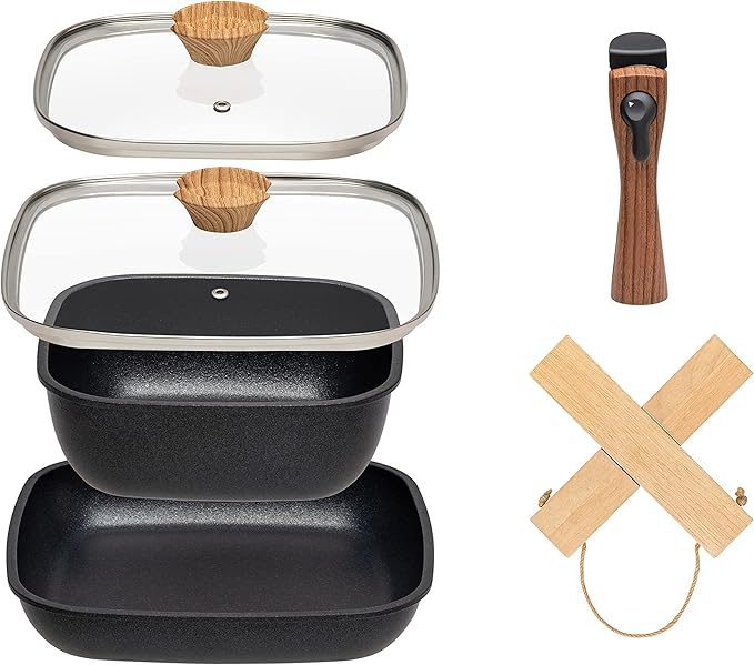 IRIS USA Non Stick Cast Aluminum Fry Pans with Removable Handles and Collapsible Wood Trivet - 6 Piece Kitchen Cookware Sets Square
