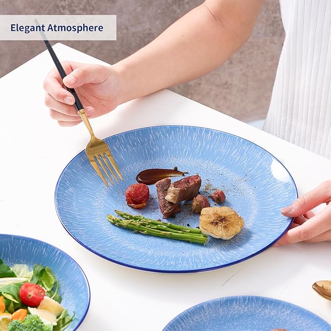 Bestone 12-Piece Round Porcelain Dinnerware Set Service for 4 Chip Resistant Plates and BowlsBlue Dishwasher &amp Microwave Safe for Home Daily Use