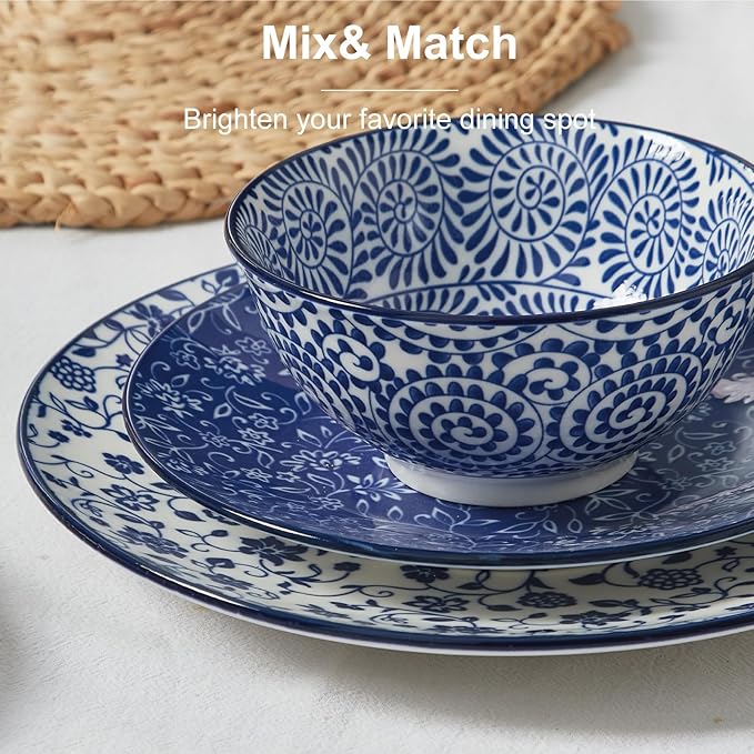 ONEMORE 12 Piece Ceramic Dinnerware Set for 4 Vintage Blue Stoneware Plates &amp Bowls Set - Scratch Resistant Microwave Dishwasher &amp Oven Safe Everyday Family Meals