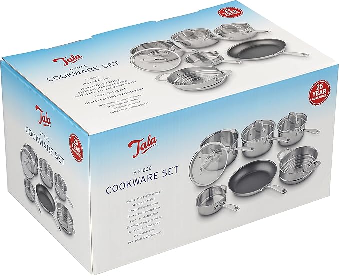 Tala 6 Piece Stainless Steel Cookware Set - Non-Stick Frying Pan 4 Multifunctional Cooking Pots with Tempered Glass Lids &amp Steamer - Dishwasher Safe Scratch Resistant - Suitable for All Stoves