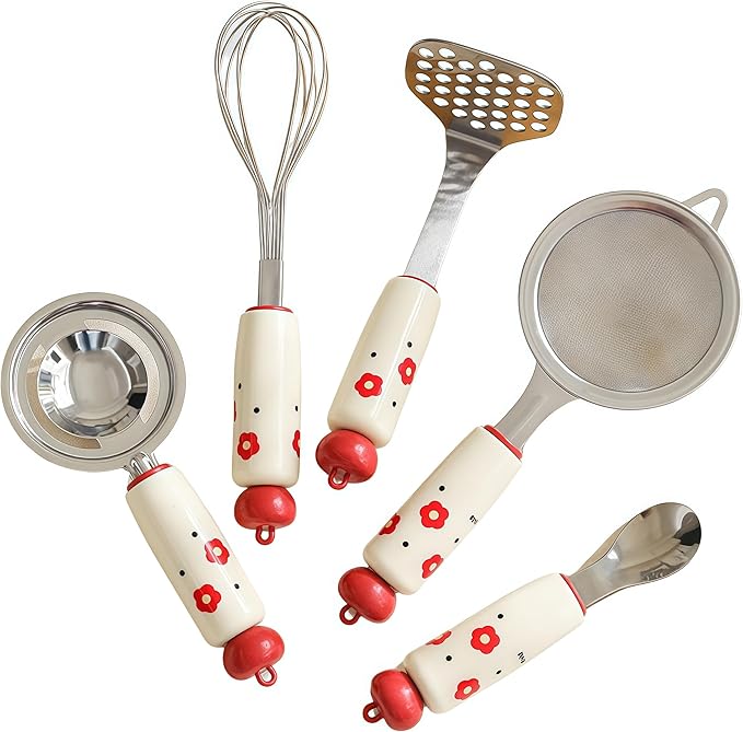 Stainless Steel Kitchen Utensil Set 5-Piece Cooking Tools with Whisk Potato Masher Slotted Spoon Egg Separator &amp Mixing Spoon – Durable PP Handle Essential Baking &amp Cooking Gadget Kit