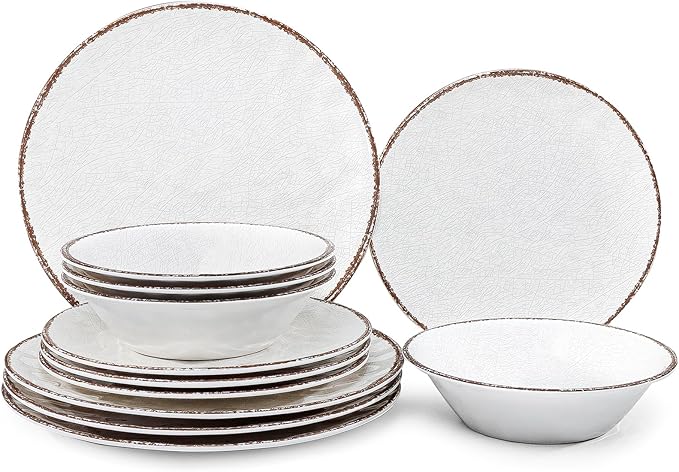LEHAHA Farmhouse White Melamine Plates and Bowls Set White dishes Rustic Farmhouse Dinnerware Set Lightweight Melamine Dishes Set for 4 Perfect for RV Camper Dishwasher Safe