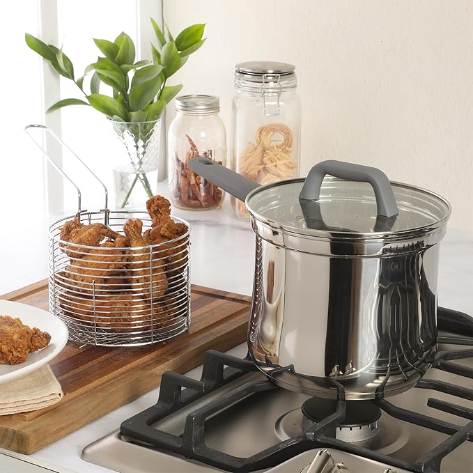 Oster Beauford 3.65-Quart Stainless Steel Deep Fryer Pot with Basket &amp Glass Lid – Induction Oven &amp Dishwasher Safe 5-Ply Encapsulated Base Soft-Touch Handle