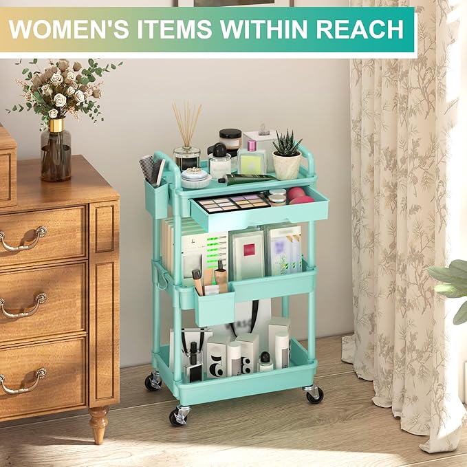 Goovilla 3 Tier Rolling Utility Cart Organizer with Removable Drawer Stable and Sturdy Blue Rolling Storage Carts with 2 Lockable Wheels for Bathroom Kitchen Snack Craft Makeup Baby Essentials