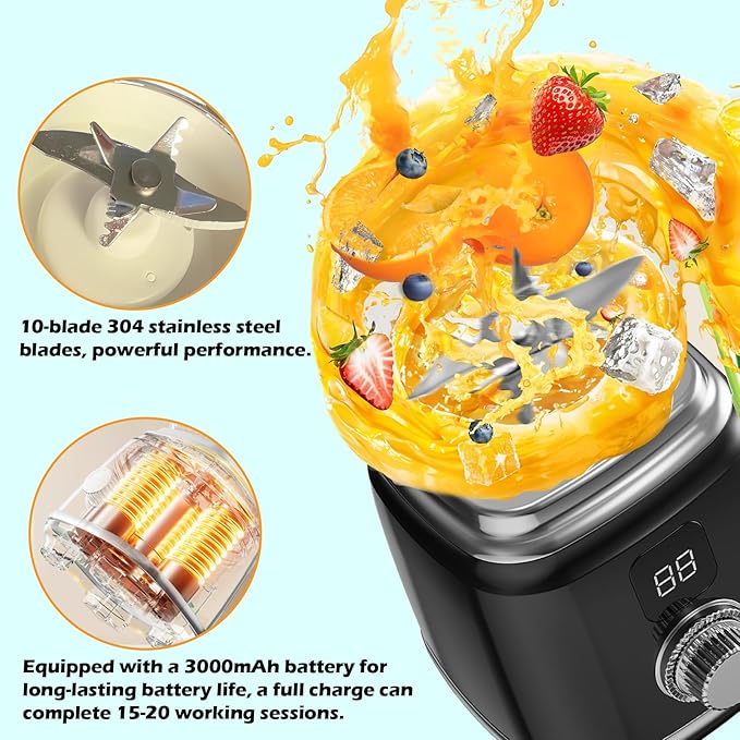 Portable Blender 600ml personal blender Cordless Smoothie Maker with 10-Blade 304 Stainless Steel 3000mAh Rechargeable Battery BPA-Free 2 Speed Settings