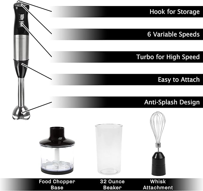 6-Speed Immersion Blender - 4-in-1 Hand Mixer with Whisk Food Processor Cup and 32oz Beaker for Soup Smoothies and More by Classic Cuisine (Black)