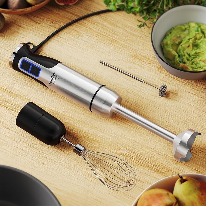 MuellerLiving Ultra-Stick Immersion Hand Blender 500W Heavy Duty Motor 8-Speed Turbo Setting Includes Blending Shaft Whisk Milk Frother &amp Measuring Beaker