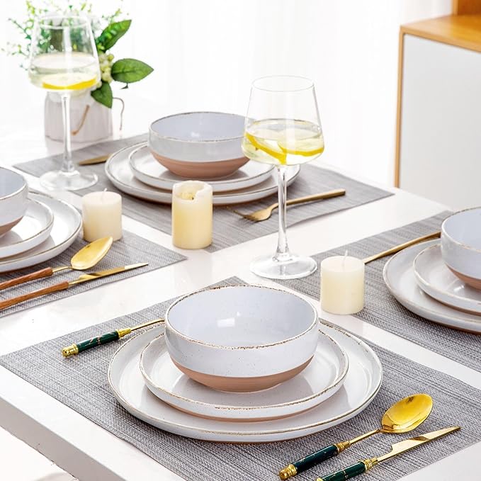 AmorArc Ceramic Dinnerware Sets for 4 12 Pieces Handpainted Plates and Bowls Set with Rustic Terracotta Underside Scratch Resistant Stoneware Dishes Set Dishwasher &amp Microwave Safe White