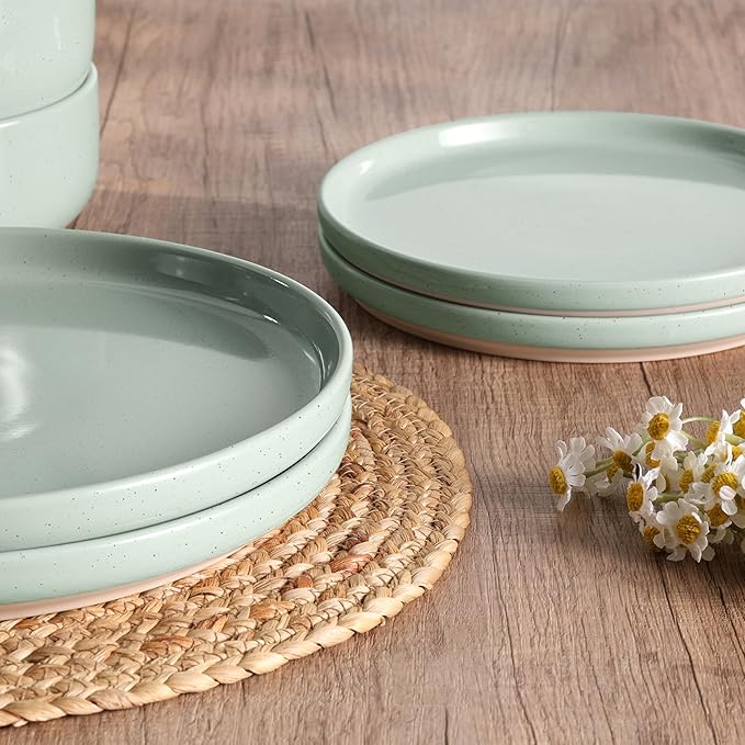 HaWare Dinnerware Sets 28 Pieces Stoneware Plates and Bowls Set Ceramic Dish Set for Home Restaurant Chip and Scratch Resistant Microwave &amp Dishwasher Safe Speckled Asparagus Green