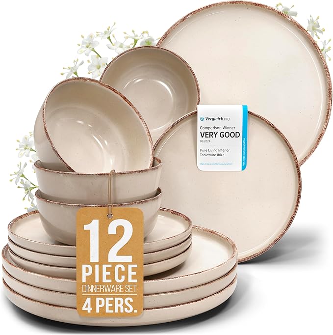 Stoneware dinnerware set 4 persons Rustic 12 pcs - Rustic design dinnerware set dishwasher safe - Bowl and plate set - Pure Living dinnerware in beige…