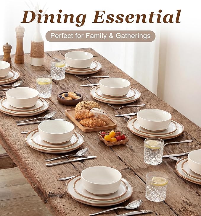 24 Piece Dinnerware Sets for 8 - Farmhouse Ceramic Plates and Bowls Sets - Scratch Resistant Stoneware Dishes Set Dishwasher &amp Microwave Safe Stack Compactly Dishware - Vintage White