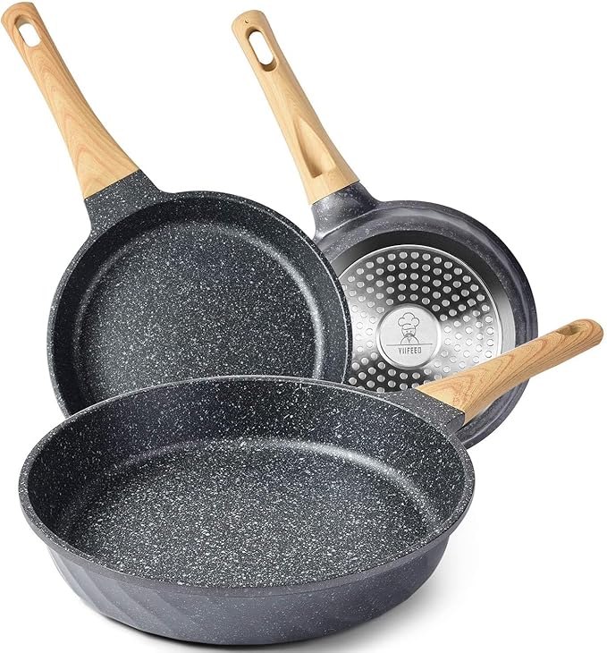 YIIFEEO Frying Pans Nonstick Induction Frying Pan Set Granite Skillet Pans for Cooking Omelette Pan Cookware Set with Heat-Resistant Handle Christmas Gift for Women (8 &amp9.5 &amp11)