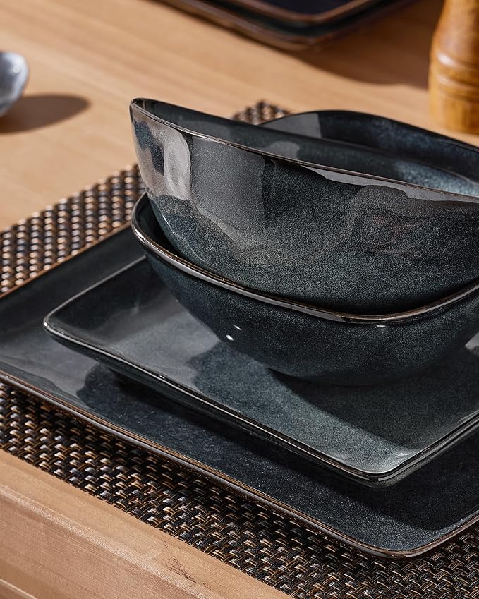 Famiware Ocean Square Plates and Bowls Set 18 Pieces Dinnerware Sets Dishes Set for 6 Microwave and Dishwasher Safe Scratch Resistant Deep Forest