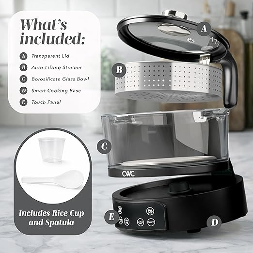 COOK WITH COLOR 3L Glass Mini Low Carb Rice Cooker – Holds 2 Cups Raw/Makes 6 Cups Cooked with Auto Lift Filter Basket Hotpot &amp Steamer for Rice Grains Digital Panel with Keep Warm Black