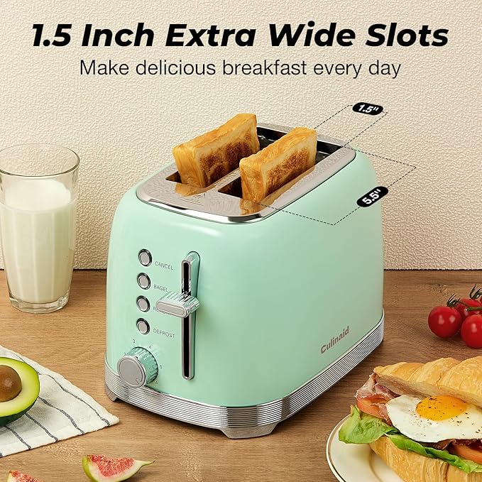 Toaster 2 Slice Retro Stainless Steel with 1.5” Extra Wide Slots Bagel Defrost Reheat Cancel Functions 6 Bread Shade Settings Removable Crumb Tray Aqua Green