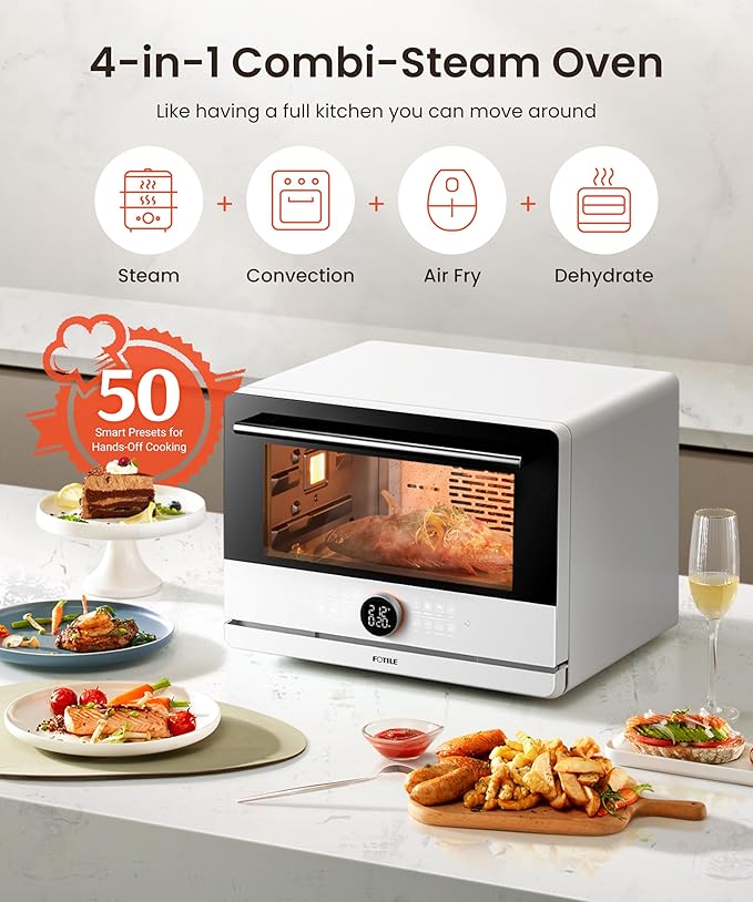 FOTILE HYZK32-E3 ChefCubii 1.1 cu. ft. 4-in-1 Steam-Combi Oven with Steam-Bake Air Fry Convection Dehydrator Functions and 50 Preset MenusWhite