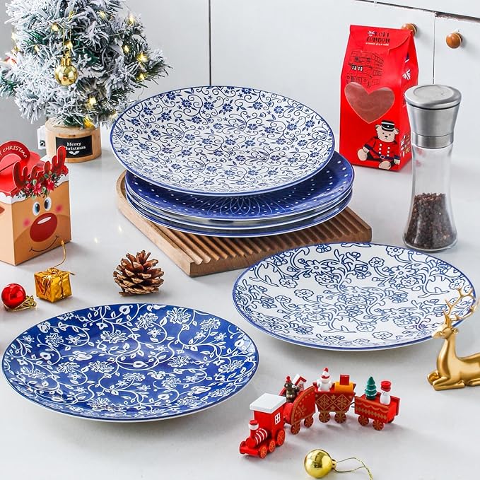 12 Pcs Ceramic Dinnerware - 8.5 Inch Salad Plates and 10.5 Inch Dinner Plates Sets - Service for 6 - Vintage Blue