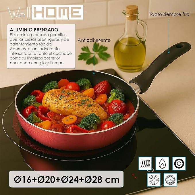 Well Home Set of 4 Pans Diameter 16 Diameter 20 Diameter 24 Diameter 28 cm Made of Pressed Aluminium in Metallic Bronze