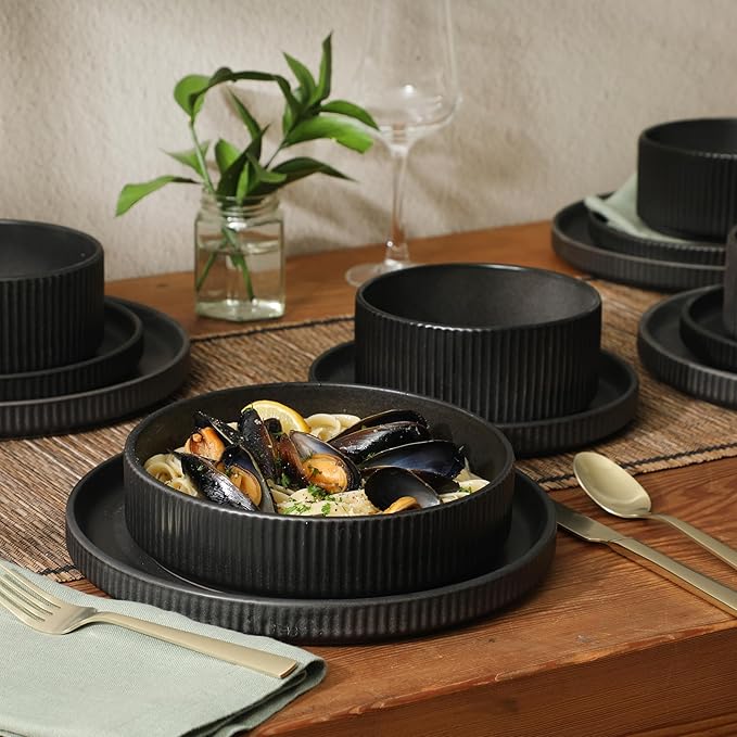 Gibson Elite Deerfield 16-Piece Stoneware Dinnerware Set – Matte Black Reactive Glaze Plates and Bowls Stackable Modern Design Service for 4 – Microwave &amp Dishwasher Safe