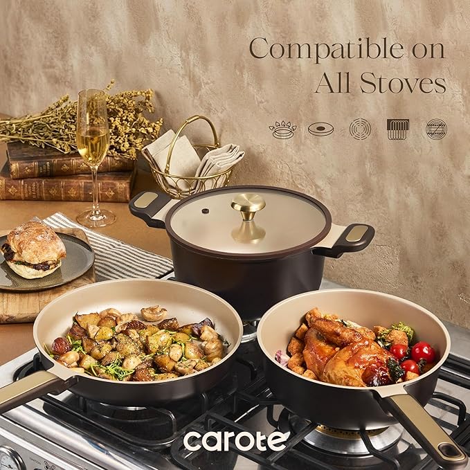 CAROTE Pots and Pans Set Nonstick 16pcs Cookware Set Nonstick Non-Toxic &amp PFOA&ampPFOS-Free Dishwasher RV/Camping Cookware Set Cooking Pots with Lids Brown