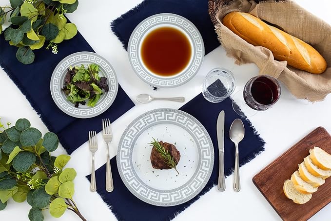 Porcelain Dinnerware Set for 1 - White and Silver Luxurious 4 Piece Greek Key Design - Elegant Dinner Plates with Mugs - Dining Kitchenware for Home Formal Occasions and Everyday Dishes