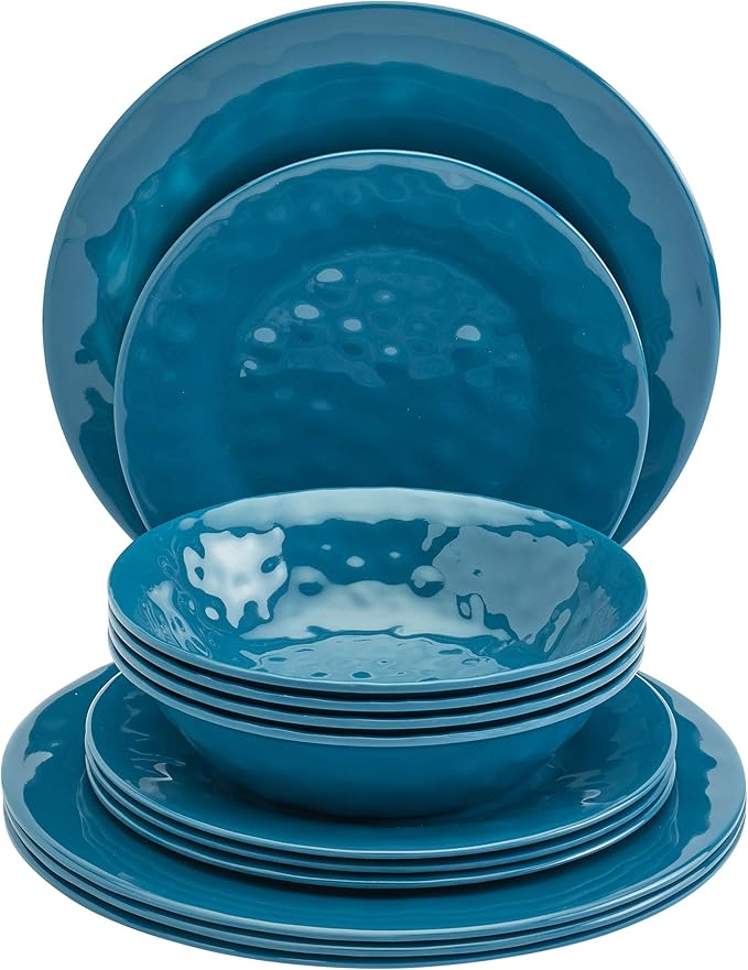 Tabletops Gallery Indoor/Outdoor Melamine Dinnerware Collection- Chip Break Resistant Plates Bowls Dishwasher Safe 12 Piece Dinnerware in Ocean Blue (Dark Blue)