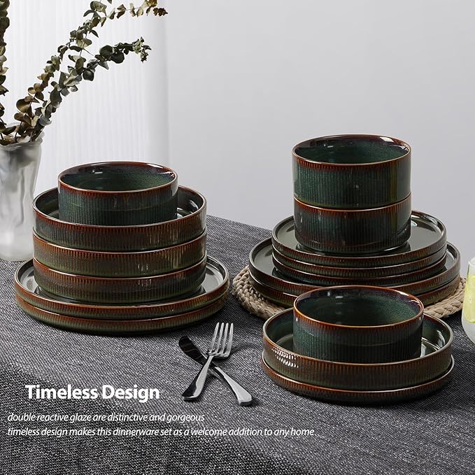 LIANYU Dinnerware Sets with Pasta Bowls 24 Piece Ribbed Dinnerware Plates and Bowls Set for 6 Elegant Modern Stoneware Dishes Set for Kitchen Dining Microwave and Dishwasher Safe Jungle Green