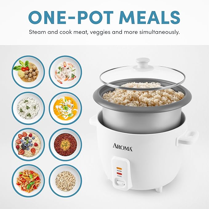 AROMA® Rice Cooker 8-Cup (Uncooked) / 16-Cup (Cooked) Pot-Style Rice Cooker and Soup Warmer with One-Touch Control 4 Qt White ARC-368NG