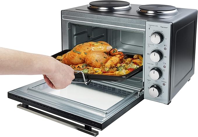 Bestron AOV31CP Small Kitchen Mini Oven with Double Hob Top/Bottom Heat with Convection Air up to 230 ° C 3200 Watt Black