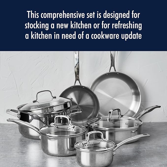 HENCKELS Clad H3 10-pc Induction Pot and Pan Set Stainless Steel Durable and Easy to clean