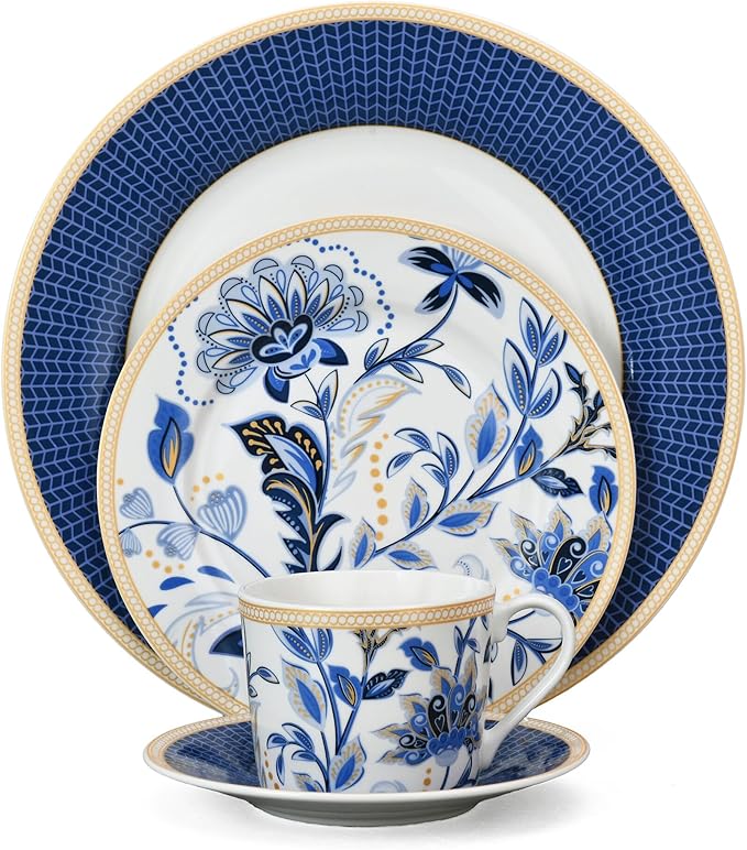Bone China Dinnerware Set of 20 for 4 pers. Plates and Bowls Sets Dish Set Dinner Plates Set Dishes Set of 20 Stoneware Dinnerware Set (Melodie de Fleurs)