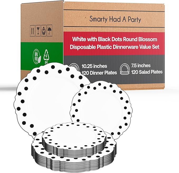 Smarty Had A Party Disposable Dinnerware Set 240 Pcs White with Black Dots Design 120 Dinner and 120 Salad Plates Heavy Duty Tableware for Weddings and Parties
