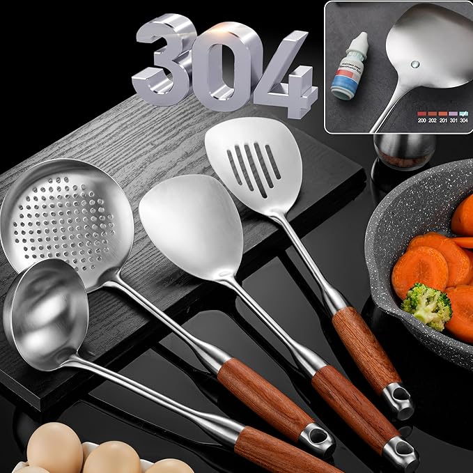 Kitchen Utensils Set Stainless Steel with Wooden HandleMetal Cooking Utensils Set 12 PCSSpatulasLadleSkimmerTunnersSpaghetti SpoonForkPotato MasherEgg WhiskTongs