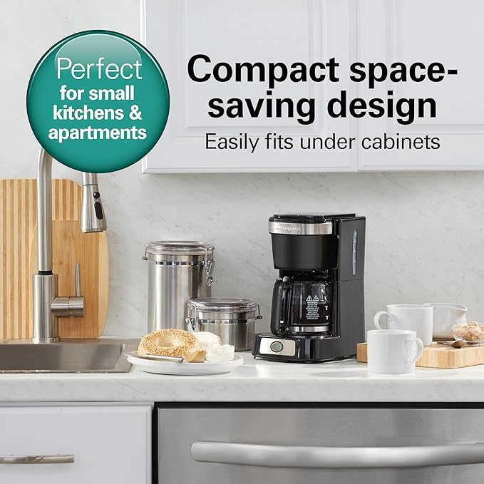 Hamilton Beach 5 Cup Drip Coffee Maker with Easy FrontFill Basket Compact Design Works with Smart Plugs Glass Carafe Auto Pause and Pour Black &amp Stainless Steel (46112)