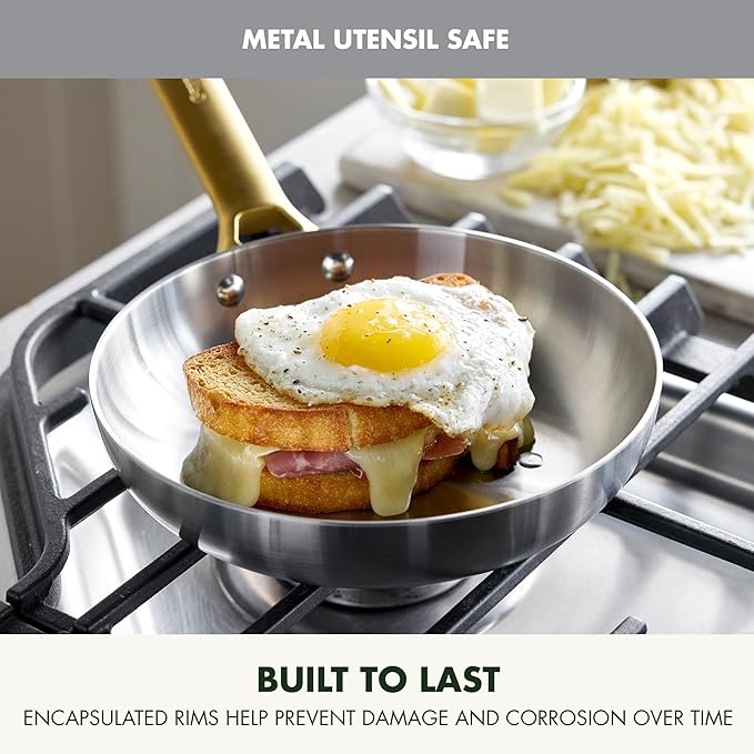 GreenPan Stainless Steel Tri-Ply Reserve 10” and 12” Frying Pan Skillet Set Multiclad Cookware Induction Oven &amp Broiler Safe to 600°F Heat Responsive Core Dishwasher Safe Gold Handles